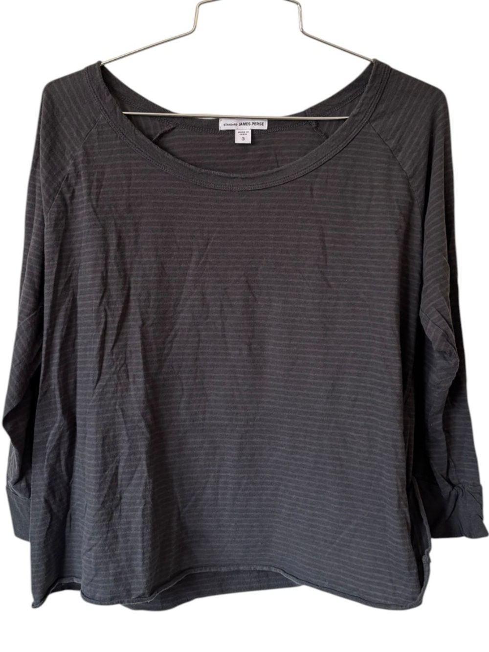 James Perse Striped 3/4 Sleeve Charcoal Gray Scoop Neck Top Size L or JP 3